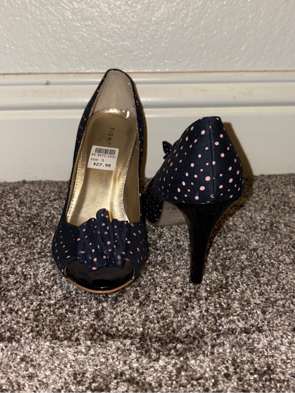FIONI Clothing Navy Peep-Toe Heels with Pink Polka Dot Bow